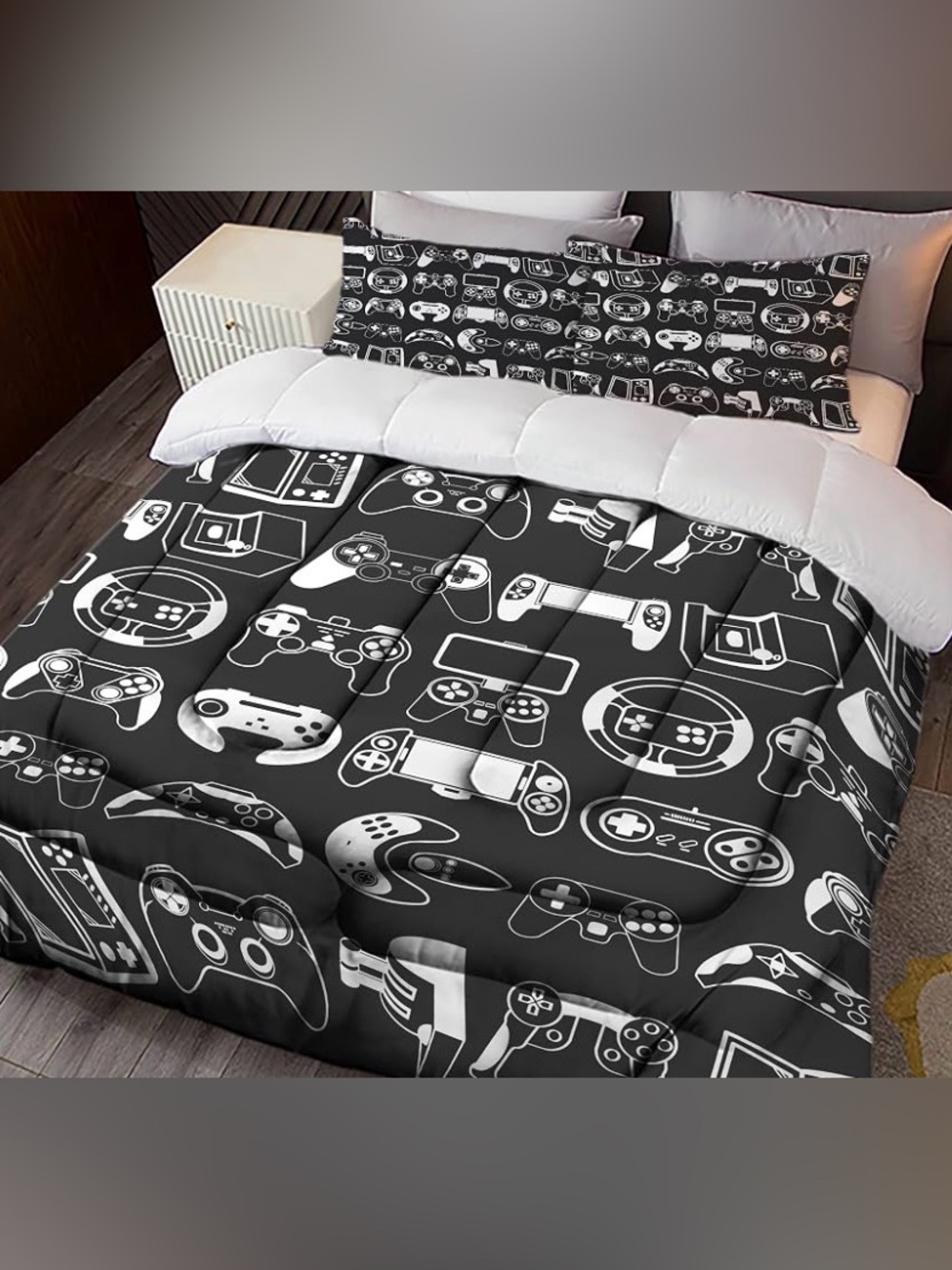 Black Gaming Controller Comforter Set - Playful Console Print. Twin